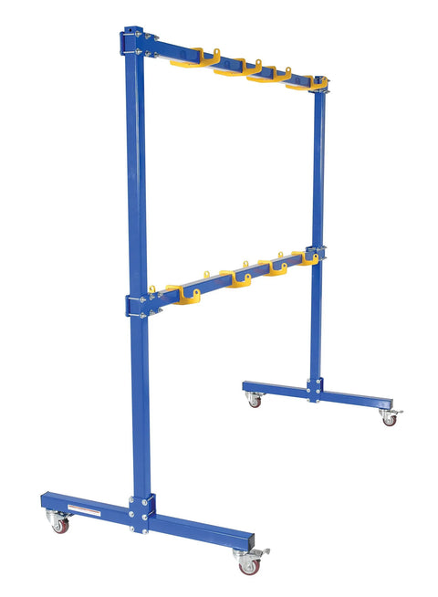 Built Like A Tank Double Sling Rack Hook For Industrial Storage With Bright Yellow Finish Super Slick Two Sided Design Fits Existing Rails Perfectly, blue frame with two-sided yellow hooks.