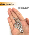 Package includes Premium 304 Stainless Steel M5 Washer Kit Featuring 100 Split Lock and 100 Flat Washers detailed in hand.