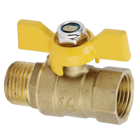 Heavy Duty Brass Ball Valve With G1/2 Male Thread For A Zero Drama Quick Gas Shutoff and Knockout Manual Control. Yellow handle detail.