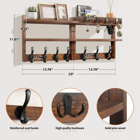 Two In One Wall Mount Coat Rack With Shelf And Key Mail Organizer 29 Inch Long Entryway Hanger With 11 Hooks On Bottom And 4 Large Hooks