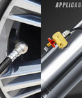 Heavy Duty Air Tank Repair Kit Featuring Solid Aluminum And Brass Valves Plus Zero To Two Hundred Psi Gauge Four Foot Black Hose Line And Quarter Or Fifth Inch Npt Fittings For Tough Portable Tanks Built Like A Tank, showcasing aluminum valve fitting and hose attachment.