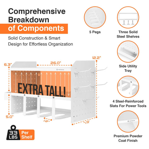 Power Tool Organizer Wall Mount 3 Layer Heavy Duty Cordless Tool Organizer With 4 Drill Hangers Modular Battery Tool Rack, steel construction, white finish, component breakdown
