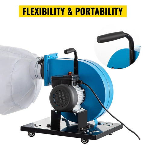 Rock Solid Industrial Portable Dust Collector With Badass 537 CFM Suction showing motor and filter attachment for woodshop use.