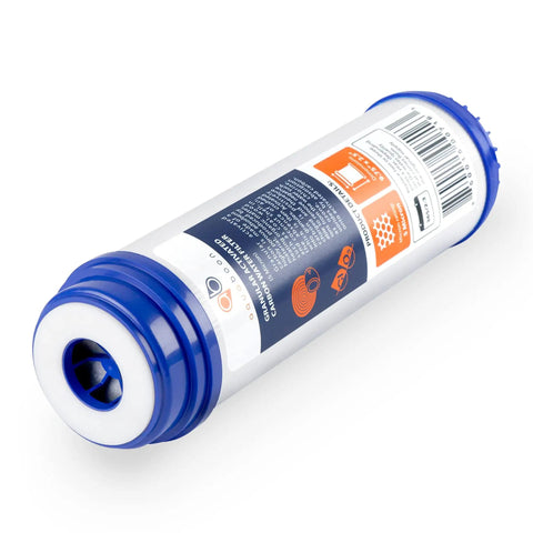 Five Micron 10 Inch GAC Water Filter Cartridge Replacement for AP117 GAC 10 GAC1 showing label and connections