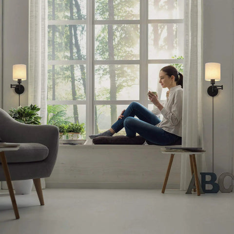 Plug In Wall Light Set Of 2 With Swing Arm Design, Linen Lampshades, Modern Bedroom Wall Sconces For Reading, cozy seating area