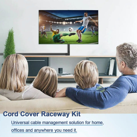 Family watching TV with Cord Cover Raceway Kit 15.7 Inch Cable Concealer And Wire Hider For TV Wall Mounts, Home Theater And Office Cable Management.
