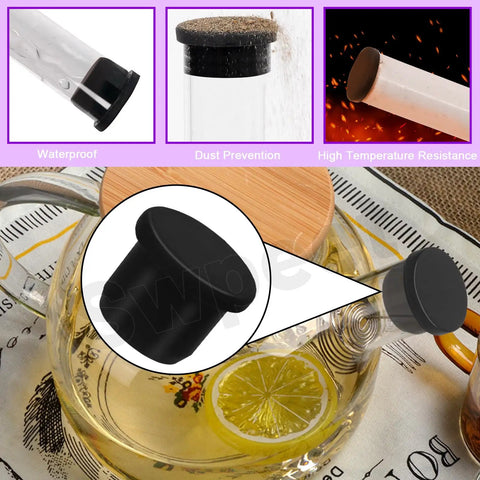 100 Piece Silicone Rubber Plug Kit in seven sizes shown in use sealing test tubes, highlighting waterproof and dust prevention features.