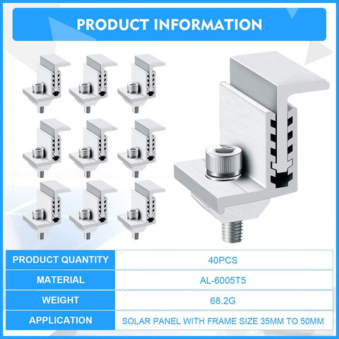 Built Like A Tank 40 Pack Solar Panel End Clamps With Adjustable Aluminum Mounting Brackets and Grounding Clips displayed in detail.