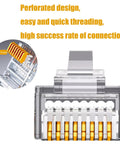 Close-up of RJ45 connector from Pass Through Ethernet Crimp Tool Kit For Cat5 Cat5e Cat6 Cables with threading design