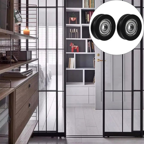4 Pack Slick Nylon U Wheel Guide Pulley Rollers For Heavy Duty Sliding Closet Doors Zero Fuss Replacement Track Hardware Silky Smooth Operation Easy Quick Fit displayed with modern interior.