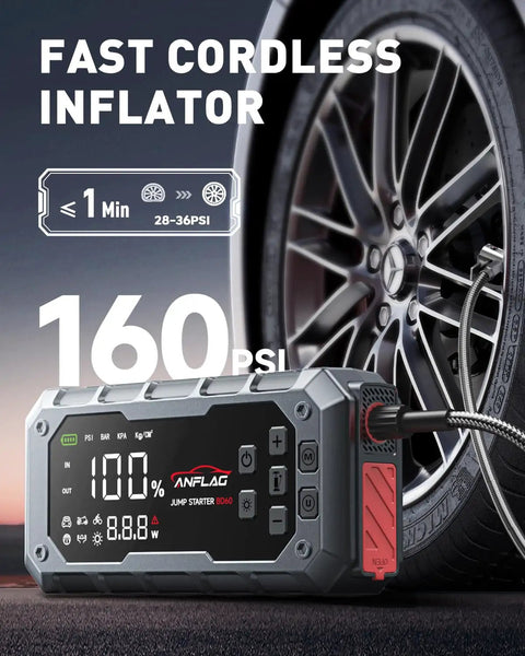 160 PSI inflator from 10 In 1 Car Jump Starter with air compressor near car wheel
