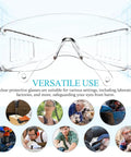 Real Deal 6 Pack Clear Lab Safety Glasses Featuring Ventilated Side Shields And Lightweight Wraparound Design For Shop Splashes And Daily Eye Protection Making Work A Breeze, front view with clear lenses and side vents.