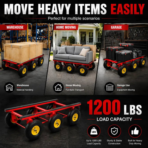 Heavy Duty 1200 Lbs All Terrain Dolly With Six 10 Inch Inflatable Tires for warehouse, home, and garage moving.