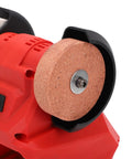 Tough As Nails 18V Cordless Mini Bench Grinder And Polisher Kit with dual corundum wheel and copper motor view from side.