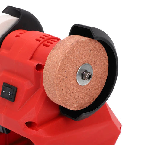 Tough As Nails 18V Cordless Mini Bench Grinder And Polisher Kit with dual corundum wheel and copper motor view from side.