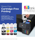 ET-2980 EcoTank Wireless All-In-One Color Supertank Printer With No-Fuss Refillable Ink shows refillable ink bottles next to printer.