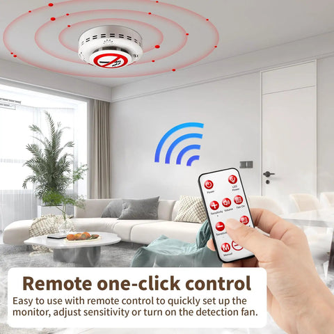 Top Tier Cigarette Detector And Air Quality Monitor With Voice Reminder And Remote Control For Offices And Public Spaces Heavy Lifter Pm25 Smoke Alarm and remote control in modern living room.