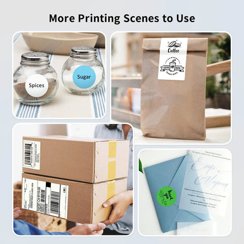 Bluetooth Thermal Label Printer With Built In Paper Bin Wireless Shipping Label Printer showing various uses on jars, bags, and packages.
