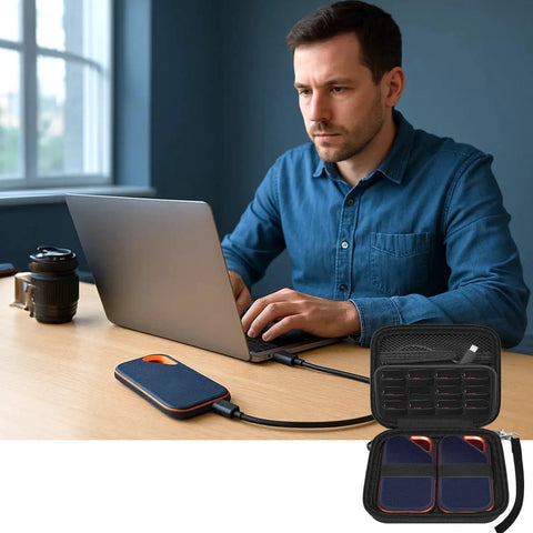 Rugged Travel SSD Case For External Solid State Drives And Portable Storage with open view showing interior organization.