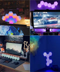 Hexagon LED Wall Panels 10 Pack With Remote And Touch Control RGB 13 Color Lights in game room decor setup