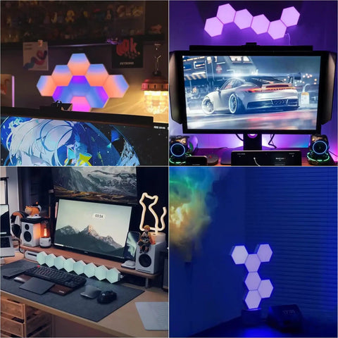 Hexagon LED Wall Panels 10 Pack With Remote And Touch Control RGB 13 Color Lights in game room decor setup