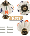 Hand Painted Ceramic Pumpkin Drawer Knobs Set Of Six Fine As A Bell Red Flower And Blue Leaf Design Vintage Cabinet Pulls Mounting Screws Included Quick Upgrade For Kitchen Cupboards Today Real Deal Home Decor with close-up views.