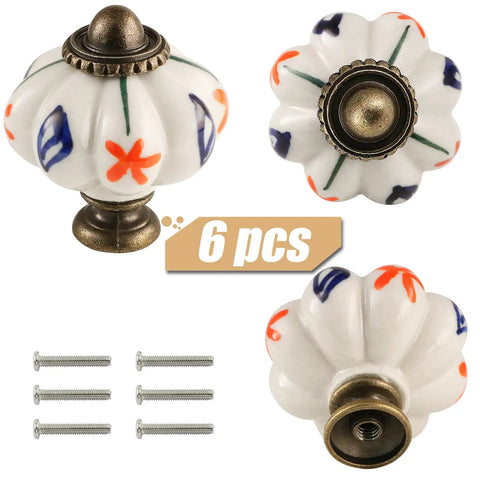 Hand Painted Ceramic Pumpkin Drawer Knobs Set Of Six Fine As A Bell Red Flower And Blue Leaf Design Vintage Cabinet Pulls Mounting Screws Included Quick Upgrade For Kitchen Cupboards Today Real Deal Home Decor with close-up views.