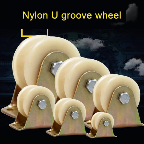 Top Notch Nylon U Groove Glass Door Rollers Slick Gliding Patio Slider Wheels with metal bases and dual bearings for smooth sliding.