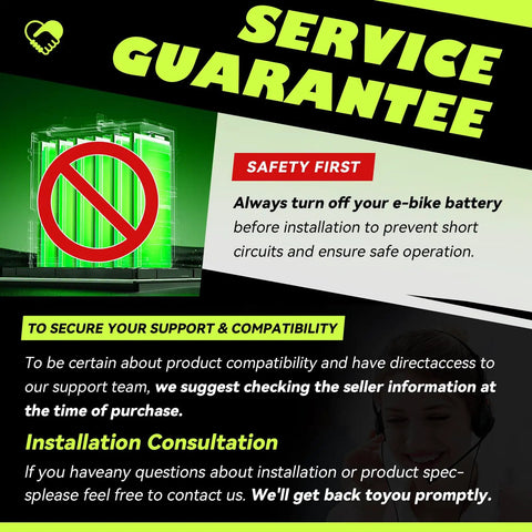 Service guarantee notice for 48V Ebike Half Twist Throttle With LED Display And Key Lock, safety and support instructions included.