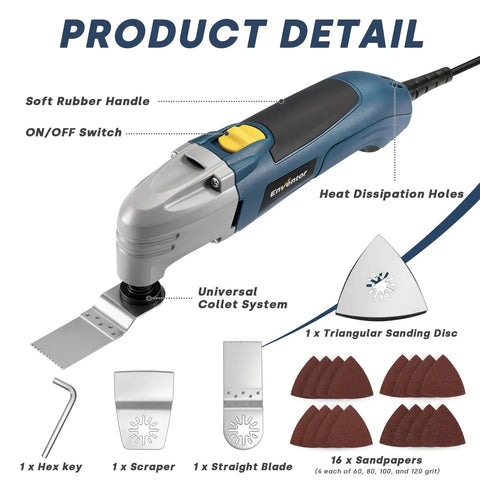 Heavy Duty Corded Oscillating Multi Tool With Universal Fit Base And 200W 1.6A Motor showing rubber handle, ON/OFF switch, and accessories.