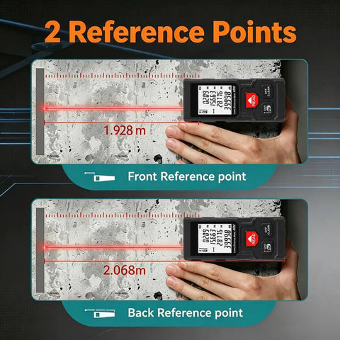 Heavy Duty Digital Laser Distance Meter 131 Ft Measuring Tool With Glowing Backlit Lcd Screen showing front and back reference points.