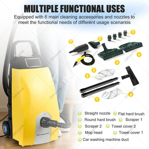 3000W Commercial Steam Cleaner With High Temp 3.5L Tank showing multiple cleaning accessories and nozzles for various uses.