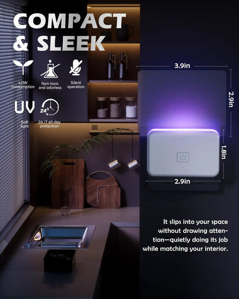 No Nonsense Plug In Fruit Fly Trap For Indoor Spaces Featuring Dual Wavelength Bulbs Paired With Eleven Sticky Refill Pads, compact design, UV light, dimensions shown.