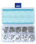 Open box of Two Fifty Six UNC Phillips Flat Head Countersunk Machine Screws Assortment Kit Stainless Steel Full Thread Ten Size 200 Piece For Electronics Projects And Small Hardware Repairs, showing 200 pieces in compartments.