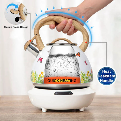 Stovetop Tea Kettle With Wood Pattern Handle, Loud Whistle, 2.7 Quart Food Grade Stainless Steel Pot For Induction And Gas Stoves, Butterfly Design
