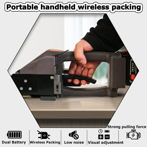 Powerhouse Handheld Electric Strapping Machine Pp Pet Straps Battery Powered Tensioner Cutter Sealer No Buckle Hassle, close-up view of handheld tool in use.