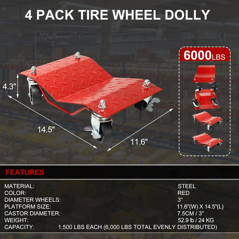 Heavy Duty Tire Skates 4 Pack Wheel Dollies With Slick Swivel Ball Bearing Casters For Hassle Free Car Transport And Gear Moves 6000 Lb Capacity, red steel dolly dimension 11.6" x 14.5"