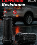 Hella Tough Heavy Duty M14x1.5 Black Spline Lug Nuts 24 Piece Set With Locking Socket Key on wet surface, showcasing corrosion resistance.