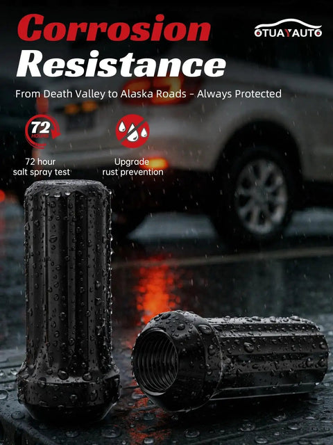 Hella Tough Heavy Duty M14x1.5 Black Spline Lug Nuts 24 Piece Set With Locking Socket Key on wet surface, showcasing corrosion resistance.