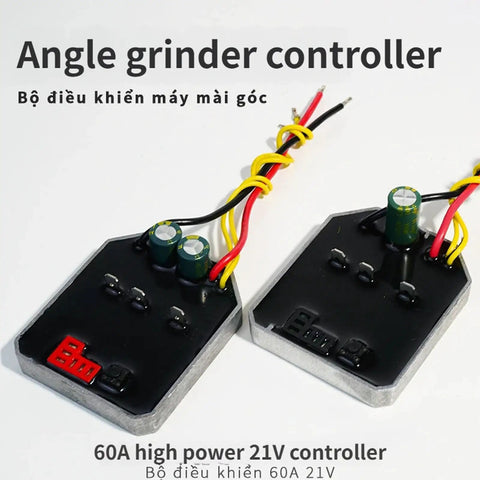 60 Amp 21 Volt Brushless Lithium Angle Grinder Control Board with connectors and capacitors for power restoration.