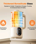 50 Oz Nut Milk Maker With 10 In 1 Functions And 20 Blades For Almond Cashew Coconut Oat Milk Plant Based Bevs Plus Chowder Juice Soy Milk Delay Start Boil Water Keep Warm And Auto Clean with thickened borosilicate glass on counter showing overheating and anti-dry protection.