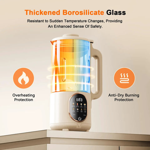 50 Oz Nut Milk Maker With 10 In 1 Functions And 20 Blades For Almond Cashew Coconut Oat Milk Plant Based Bevs Plus Chowder Juice Soy Milk Delay Start Boil Water Keep Warm And Auto Clean with thickened borosilicate glass on counter showing overheating and anti-dry protection.