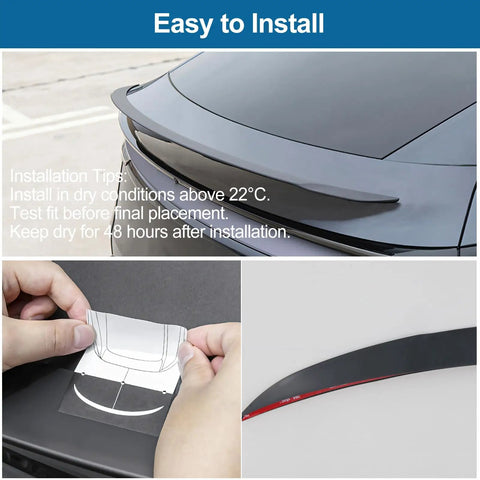 Slick Rear Trunk Spoiler For Tesla Model Y Juniper 2025 2026 Quick Bolt Install showing installation instructions and wing details.
