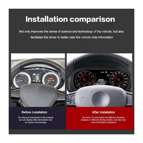 Before and after install of 12.3 Inch LCD Dashboard Instrument Panel Replacement For VW Skoda Fabia 2008 2014 Digital Cluster Smart Gauges