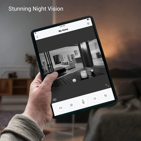 Tablet displaying live feed from Outdoor Wireless Security Camera System 1080P Full HD With Night Vision, showing indoor scene