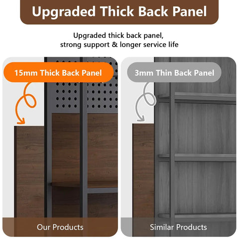 Comparison of Rock Solid Retail Display Rack With Pegboard And Hooks showing 15mm thick back panel vs. 3mm thin back panel.