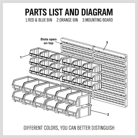 Diagram of 30 Bin Wall Mounted Storage Rack System For Heavy Duty Garage Organization With Pegboard Panels showing labeled parts