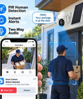Slick Solar Powered Outdoor Wireless Security Camera Capturing Crisp 3MP HD Video showing PIR detection with delivery person.