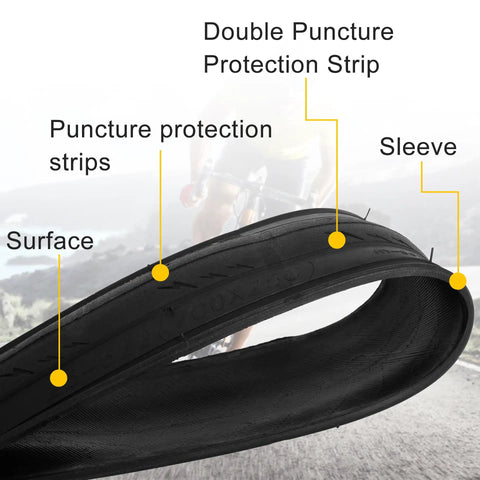 Close-up of 700x25c road bike tire with inner tube and tire levers, showing double puncture protection strip and Kevlar construction.