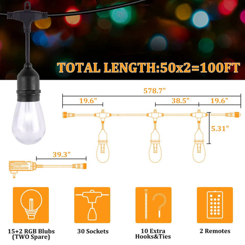 Diagram of 100Ft RGB String Lights with dimensions, 32 plastic bulbs, dimmable remotes, waterproof, for outdoor patio use